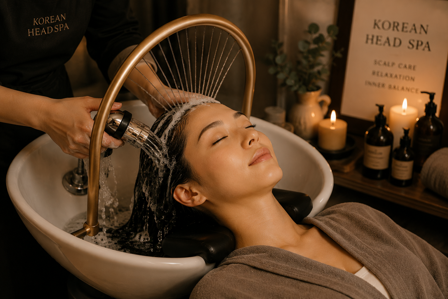 Kundin liegt in der Wanne während der Haarwäsche, entspannter Ausdruck